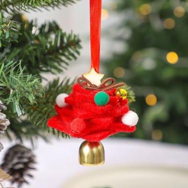 Imagem de Mini enfeite de sino de árvore de Natal de feltro 7 x 7 cm feito à mão de lã com sino de vento, pingente vermelho para decoração de árvore de Natal em casa