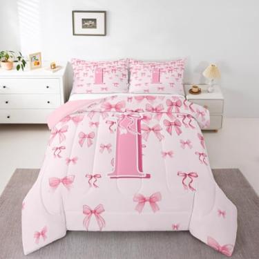 Imagem de jejeloiu Conjunto de edredom com laço rosa, solteiro, para crianças, meninos, meninas, letra I, monograma, decoração de quarto, laços coquetes, microfibra, 2 peças com 1 fronha