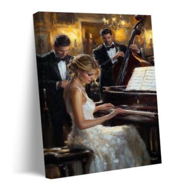 Imagem de QIXIANG Arte de parede de música afro-americana tocando piano impressão em tela imagem de mulher africana preta decoração de casa cultural emoldurada (marrom, 30,5 cm C x 45,7 cm L)