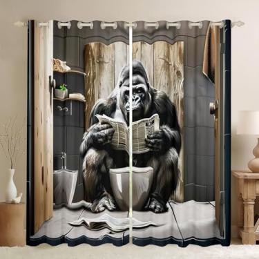 Imagem de Cortinas blackout de chimpanzé, jornal gorila preto, decoração de quarto de meninos e meninas, cortinas de janela modernas de animais selvagens, preto e cinza, 2 painéis, 96 cm L x 114 cm C