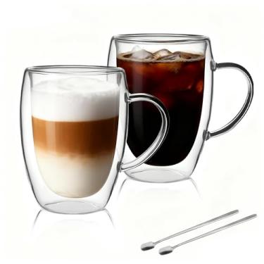 Imagem de Xícaras de café de vidro de parede dupla LIBWYS 2 unidades, xícaras de chá, de cappuccino e expresso, com alça, xícaras transparentes de borossilicato resistente ao calor, de 350 ml