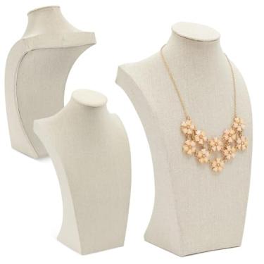 Imagem de Pacote com 3, busto de exibição de joias de linho de 30,5 cm, suporte de manequim de colar para lojas de varejo e feiras (bege)