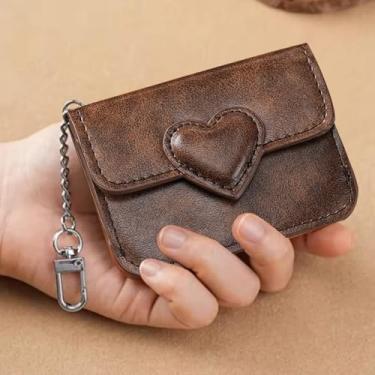 Imagem de Carteira feminina pequena em forma de coração de couro PU porta-cartões multicartões antimagnético para viagem, dinheiro, moedas, 10,3 x 7,6 cm, Café escuro