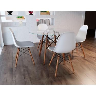 Imagem de Conjunto Mesa De Jantar Eames Eiffel Redonda 110Cm Tampo De Vidro Com 4 Cadeiras Brancas
