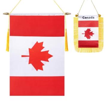 Imagem de Pacote com 2 bandeiras de parede do Canadá, mini bandeira canadense pendurada na janela do carro, acabamento acetinado, tecido resistente, bandeiras patrióticas para decoração de espelho retrovisor de