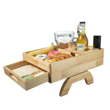 Imagem de Guolich Bandeja de madeira para sofá com gaveta, caixa de lanche, suporte de copo de vinho, mordomo de sofá com suporte de telefone de madeira, mesa de bandeja de TV, suporte de copo de sofá