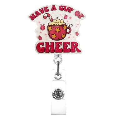 Imagem de Carretel de crachá retrátil Christmas Have A Cup of Cheer com clipe jacaré, caneca de café festiva, carretel de crachá para enfermeiras, trabalhadores de escritório, amantes de café, presentes de