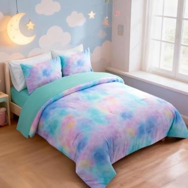 Imagem de Aimuan Conjunto de edredom abstrato, arte moderna, 3 peças, estrela brilhante, galáxia, luz das estrelas, estampa tie dye, edredom para crianças e adolescentes (roxo-aqua, casal, 3 peças)