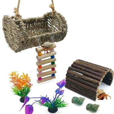 Imagem de Acsist Esconderijo de caranguejo eremita com escada, brinquedos de escalada de lagarto, cabana de caranguejo eremita com plantas de aquário, habitat de répteis para lagartixas, hamsters, ratos