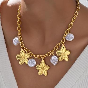 Imagem de Colar em camadas de ouro para mulheres, corrente grossa, flor de pérola, estrela-do-mar, pingente de joias, vários fios, presentes de amizade para mulheres, presentes de Natal, Dia dos Namorados