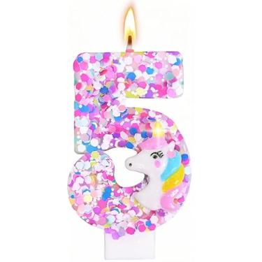 Imagem de Decoração de velas de aniversário com número de unicórnio, suprimentos de festa de aniversário com tema de unicórnio, topo de bolo de aniversário de lantejoulas com glitter para meninos e meninas