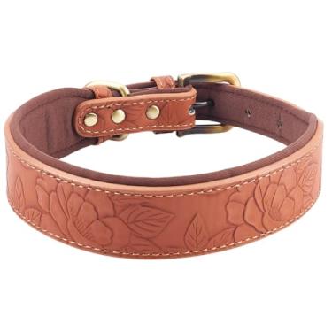 Imagem de GORGECRAFT Coleira de couro para cães de 59 x 4 cm com estampa em relevo vintage couro PU em relevo coleira de cachorro salmão confortável forro respirável presente para cães grandes, médios e