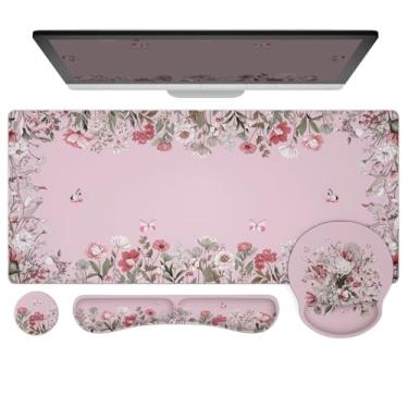 Imagem de Ovenbird Conjunto de mouse pad 4 em 1 | Mouse pad grande para jogos, apoio de pulso para teclado, suporte de pulso para mouse, porta-copos | Acessórios ergonômicos de mesa de escritório para mulheres