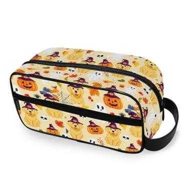 Imagem de Burbuja Cães usando chapéus de bruxa bolsa de higiene de viagem para mulheres e homens, bolsa organizadora de maquiagem portátil para acessórios de higiene pessoal com alça