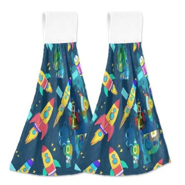 Imagem de Toalhas de mão coloridas de desenho animado foguete azul espaço primavera com laço para pendurar conjunto de toalhas de chá de forno personalizado de 2 toalhas de chá de cozinha macias absorventes e