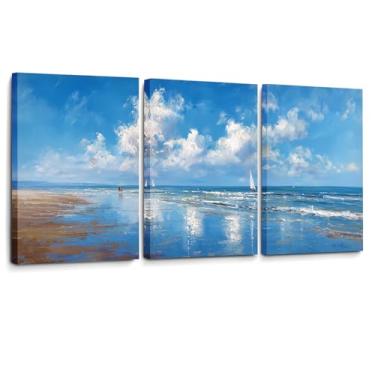 Imagem de Arte de parede serene Seascape Triptych - impressões em tela calmantes do oceano azul e nuvens, conjunto de pintura de praia costeira de 3 painéis para decoração de parede de quarto, banheiro, arte