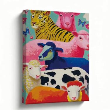 Imagem de Arte em tela de animais de fazenda, 20 x 25 cm, tigre colorido, ovelha, arte de parede de casa de fazenda divertida para sala de estar, cozinha, sala