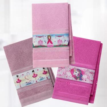 Imagem de KIT 3 Toalhas de Banho Infantil Felpuda Para Criança Com Faixa Decorada (Menina)
