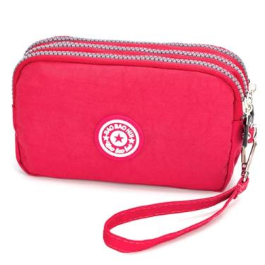 Imagem de Carteira de pulso de grande capacidade - Bolsa feminina de nylon estampada à prova d'água, Vermelho rosa