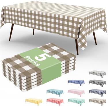 Imagem de misaya Pacote com 5 toalhas de mesa descartáveis de búfalo, 137 x 272 cm, toalha de mesa de plástico impermeável retangular branca e cáqui para piquenique, aniversário, festa