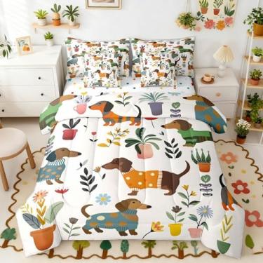 Imagem de Manfei Jogo de lençol com edredom reversível, 7 peças, dachshund, adorável filhote de cachorro, aquarela, jardim, flores, edredom e lençol de cima, solteiro