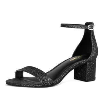 Imagem de PIZZ ANNU Sandálias femininas de salto grosso de bloco baixo, confortável, bico aberto, tira no tornozelo, vestido de festa, sapatos de salto com fivela de tiras, pérola branca, glitter preto, Glitter