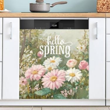 Imagem de Capa magnética de lava-louças padrão branco flores primavera cozinha decoração reutilizável lava-louças decalque para armários painel eletrodomésticos 58 x 66 centímetros