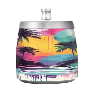 Imagem de STAYTOP Cinzeiro de palmeira do pôr do sol com tampa, aço inoxidável à prova de vento, sem fumaça, cinzeiro de cigarro grande para decoração de escritório em casa