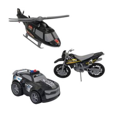 Imagem de Kit Brinquedos Carro de Polícia + Moto + Helicóptero Preto - BS TOYS