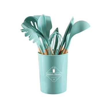 Imagem de FUYTERY 11 peças cozinha silicone utensílio de cozinha resistente ao calor panelas de aço inoxidável conjunto de pá colher (Verde)