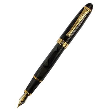 Imagem de Gullor Caneta-tinteiro de mármore preto 450 com clipe dourado, caneta-tinteiro de caligrafia, ponta dobrada