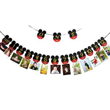 Imagem de CHuangQi Banner de foto de festa de aniversário com tema Mickey e banner de cadeira alta "ONE", banner de foto NB para 12 meses, suprimentos de 1º aniversário, decoração de chá de bebê