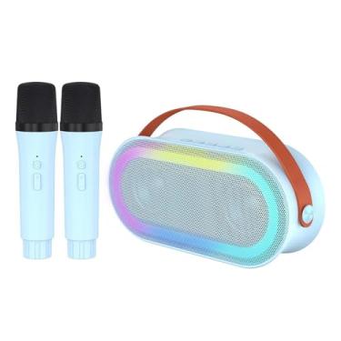 Imagem de CIADAZ Mini máquina de karaokê com 2 microfones sem fio alto-falante portátil BT recarregável 10W HiFi LED luzes coloridas microfone portátil alto-falante de karaokê presentes para meninas meninos fes