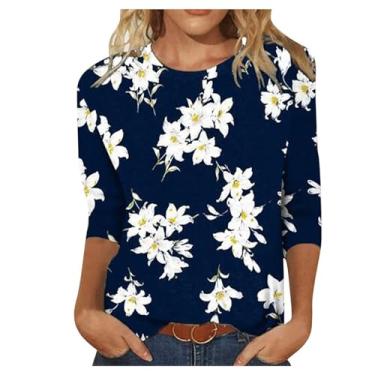 Imagem de Camisetas femininas de manga 3/4 2024, camisetas femininas de manga comprida, gola redonda, estampa de flores, túnica, Ofertas relâmpago azul-marinho, GG