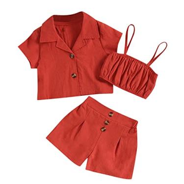 Imagem de Roupas de verão para meninas primavera verão camisa de manga curta de algodão sólido sem mangas colete shorts 3 peças roupas, Vermelho, 4-5 Anos