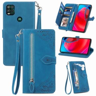 Imagem de Furiet Capa carteira compatível com Moto G Stylus 5G 2021 com cordão de pulso e suporte de cartão flip de couro, acessórios de celular, capa para celular Motorola GStylus G5 XT2131DL feminina azul