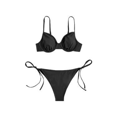 Imagem de SOLY HUX Conjunto de biquíni feminino floral com aro e cintura alta amarrado lateral maiô de duas peças, Floral preto, GG