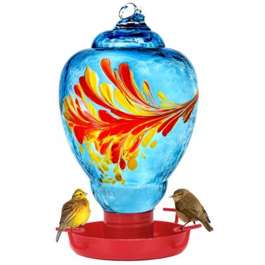 Imagem de Bebedouro de pássaros selvagens de vidro colorido 947 g alimentador de água para ambientes externos jardim exterior refrigerador de água decoração de quintal de árvore (azul)