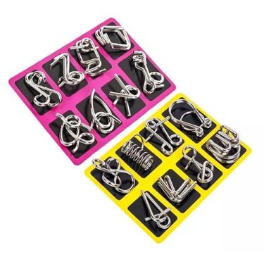 Imagem de Conjunto De Quebra-Cabeça Metal Puzzles, Quebra-Cabeça De Metal Montessori/Desafio Mental, Desembaraçador de elos de ferro - 16 peças (Amarelo e Rosa)