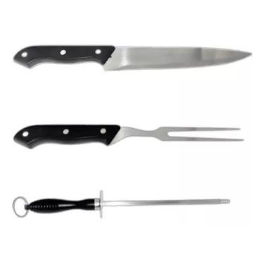 Imagem de Kit Para Churrasco 3 Peças Faca Garfo Chaira Inox - Livon