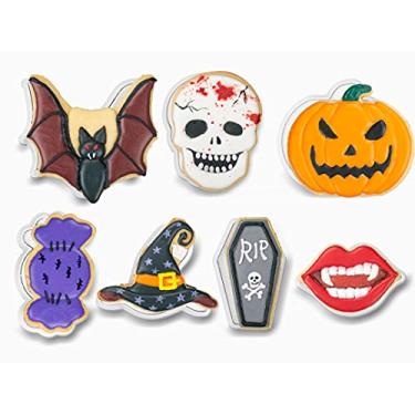 Imagem de Flycalf Conjunto de cortadores de biscoito de Halloween doces de abóbora, caveira, chapéu de bruxa, morcego, lábio, formas de lápide 7 peças moldes de cortador de cozimento de outono para festas decorativas para crianças suprimentos de bolo de cozinha de 8,88 cm