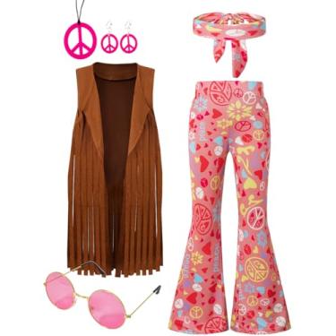 Imagem de LENSOUS Conjunto de calça hippie para meninas, crianças, 60, 70, conjunto de calça rodada, colete de franja, conjunto de acessórios, rosa, 6-8 Anos