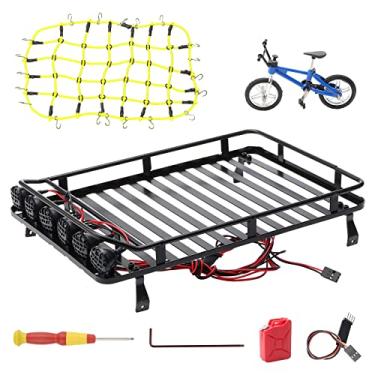 Imagem de Rchobbytop Metal RC Roof Rack (9.25 x 6.10 Inch) w/ 6 LED Lights & Elastic Luggage Net & Mini Gas Can & Bike Decor Accessories for 1:10 Rock Crawler SCX10 RC4WD TRX-4 (12.3"/313mm Wheelbase)