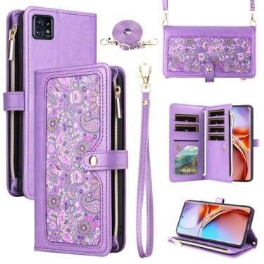 Imagem de Dswteny Capa carteira floral para Motorola Edge+ Plus 2023/Edge 40 Pro 5G/Moto X40 com alça de ombro, zíper de couro PU flip suporte para cartão de crédito para X + mulheres homens roxo