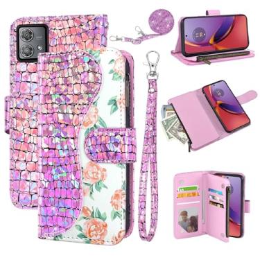 Imagem de Dibosom Capa carteira floral para Motorola Moto G84 5G com alça de pulso alça de ombro flip zíper bolsa porta-cartão, suporte de couro PU de luxo brilhante brilhante brilhante capa de celular para G