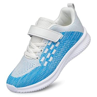 Imagem de BNV Tênis infantil unissex leve respirável atlético tênis de corrida fitness para bebê/criança pequena/criança grande, Azul, branco, 3 Big Kid