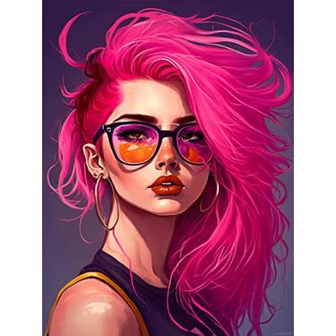 Imagem de UPABLUNSO Kits de pintura de diamante de beleza de cabelo rosa, desenhos animados, kits de arte de cristal de diamante redondo completo para iniciantes adultos, para decoração de quarto, presentes 30