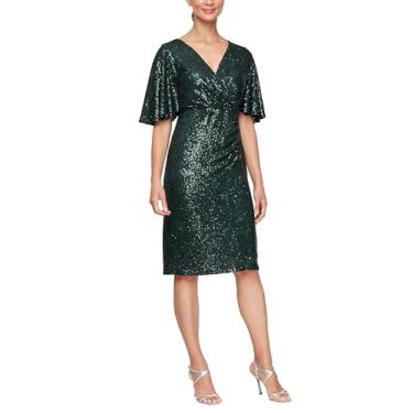 Imagem de S.L. Fashions Vestido feminino midi de manga curta com decote em V e cintura franzida, convidada para casamento, formal, vestido de noite, Verde multi, 50
