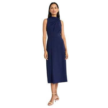 Imagem de Maggy London Vestido feminino midi sem mangas com gola alta e detalhes reunidos - cintura ajustada - saia evasê elegante formal, Ocean Cavern, 50