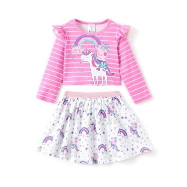 Imagem de Peppa Pig Conjunto de saia para meninas, blusa e saia de manga comprida, conjuntos de roupas fofas para festa de aniversário, meninas, Pinkywhite, 4-5 Anos
